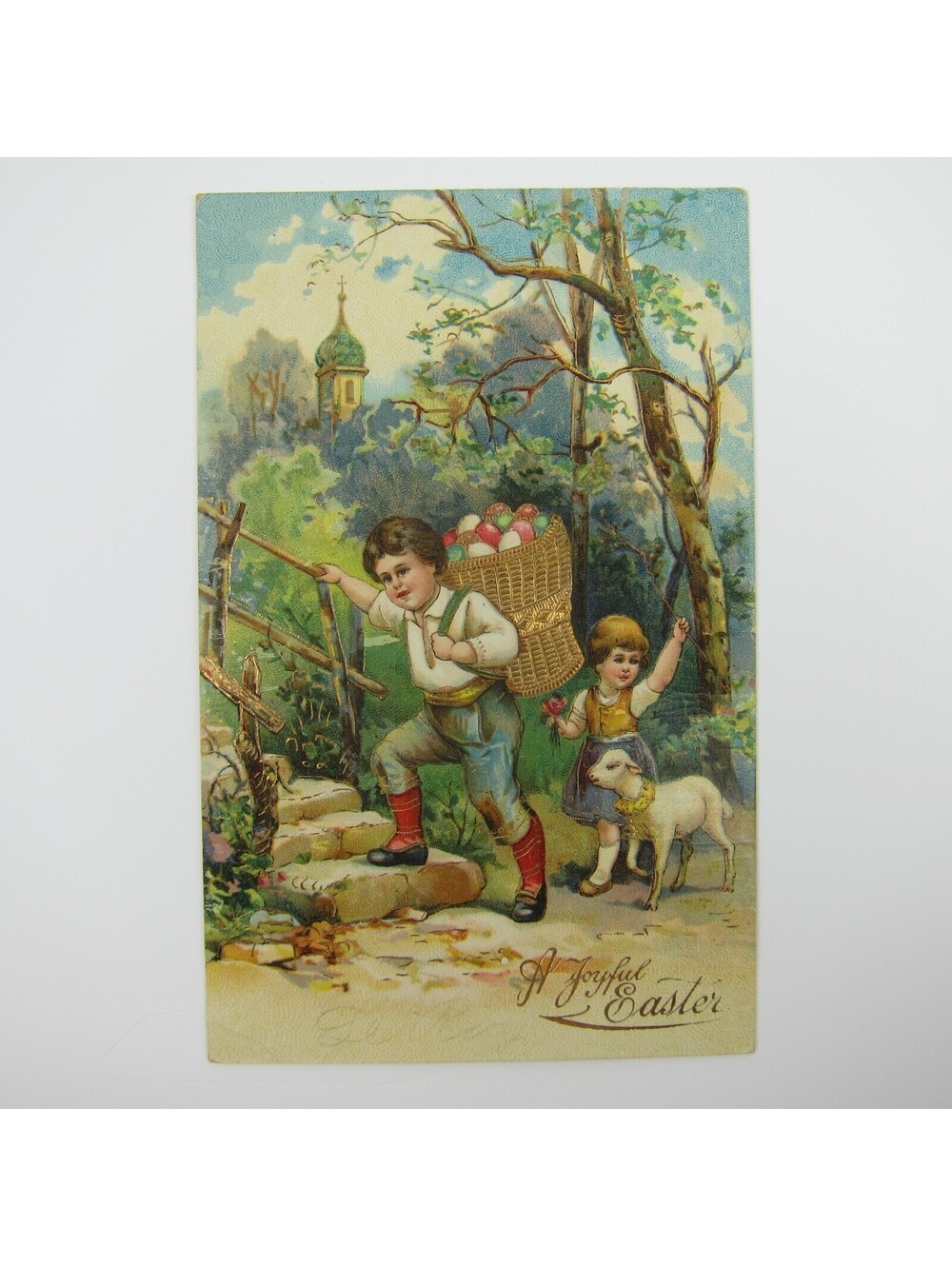 Easter Postcard Boy Basket Colored Eggs Girl Lamb Sheep Gold Embossed Antique